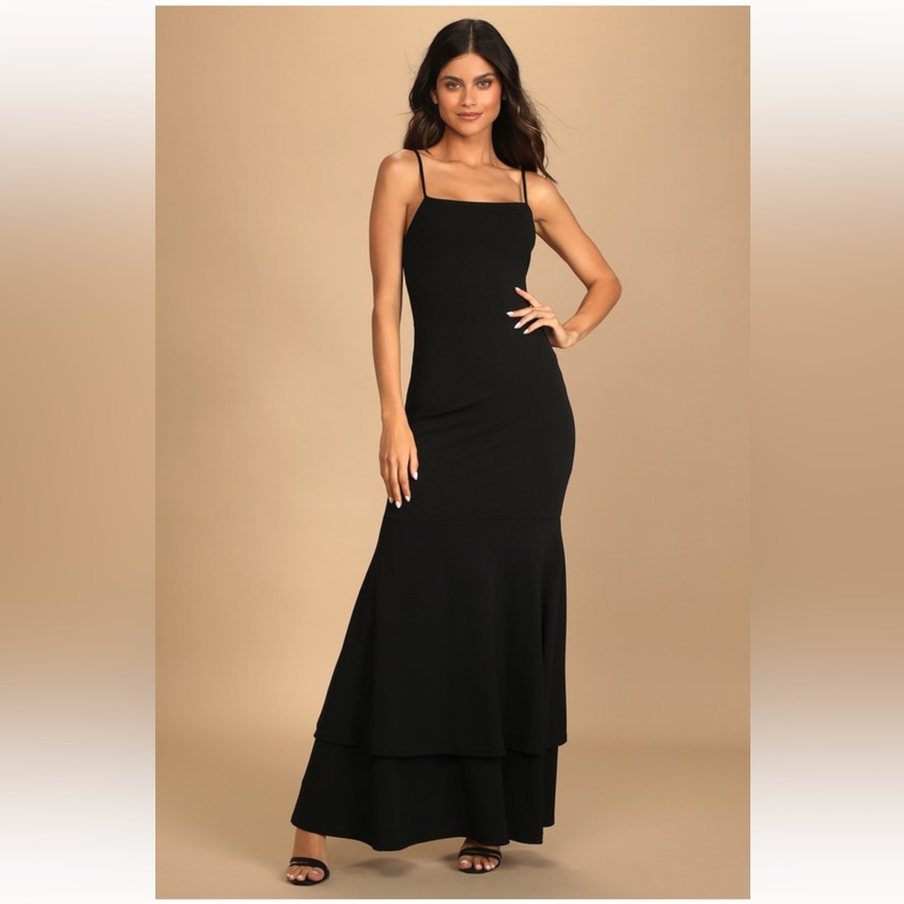 lulus black tiered trumpet hem maxi dress